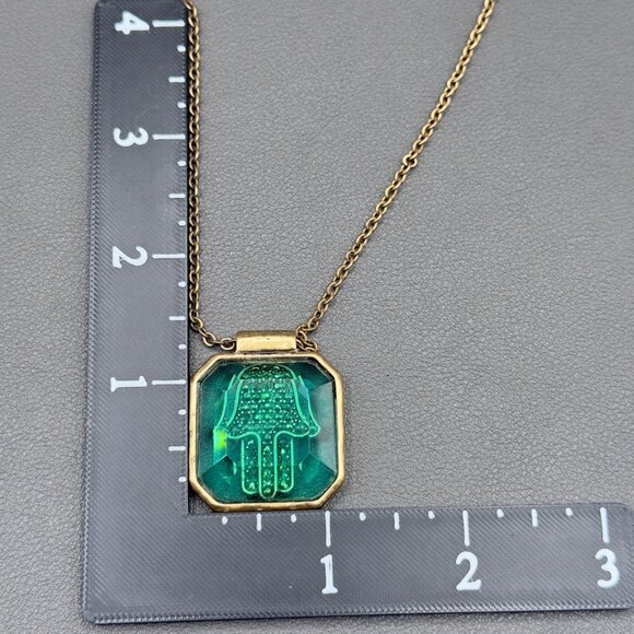 Green Hamsa Hand Pendant Necklace Antique Gold Tone Chain Lucky Brand - Picture 7 of 15